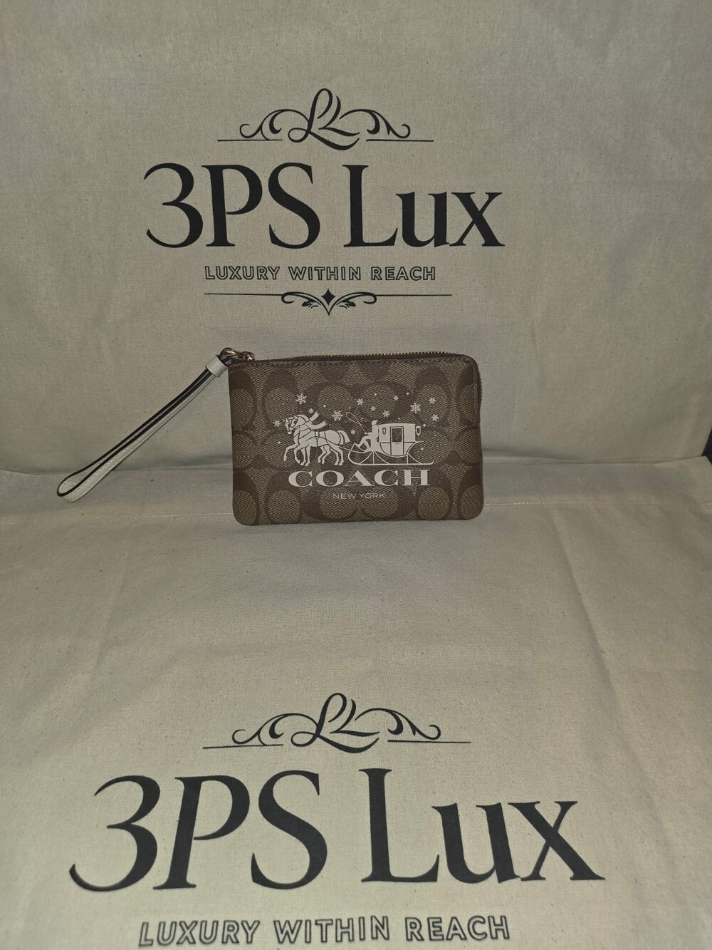 Coach Signature Canvas Patch Wristlet with Horse & Carriage / Holiday Graphic